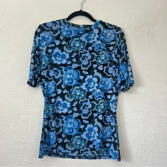 Johnny Was Blue Calanthe Mesh Top Allover Floral Print Stretchy Lg - Picture 2 of 9